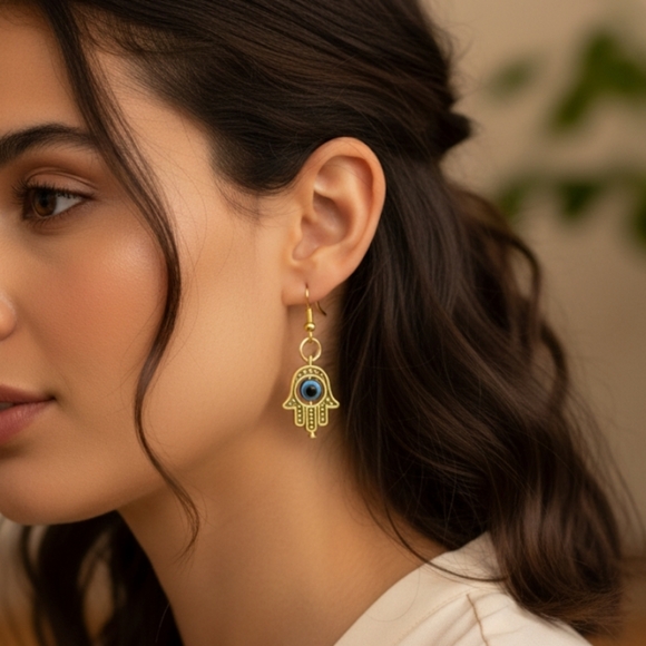 Mini Hamsa Hand Earrings Fatima Hand Pendant Yoga Spirit Buddha Evil Eye - Picture 1 of 8